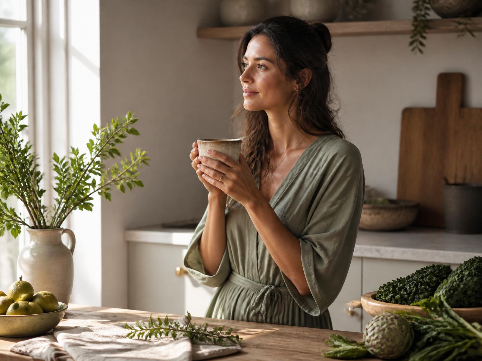 Woman enjoying a quiet moment in a bright natural kitchen